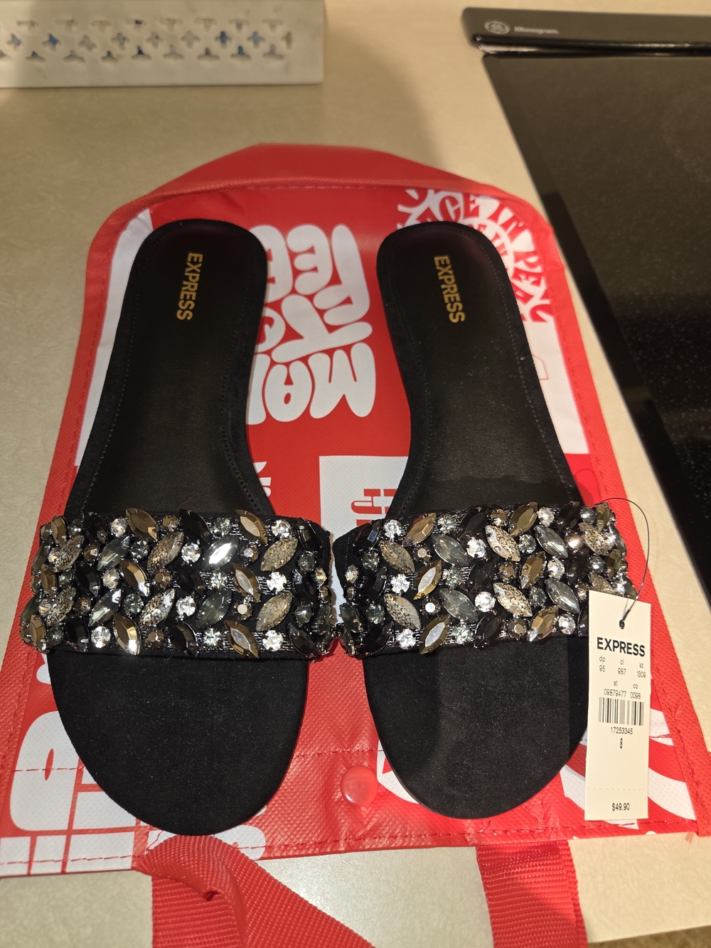 Express Black Jeweled Slide Sandals